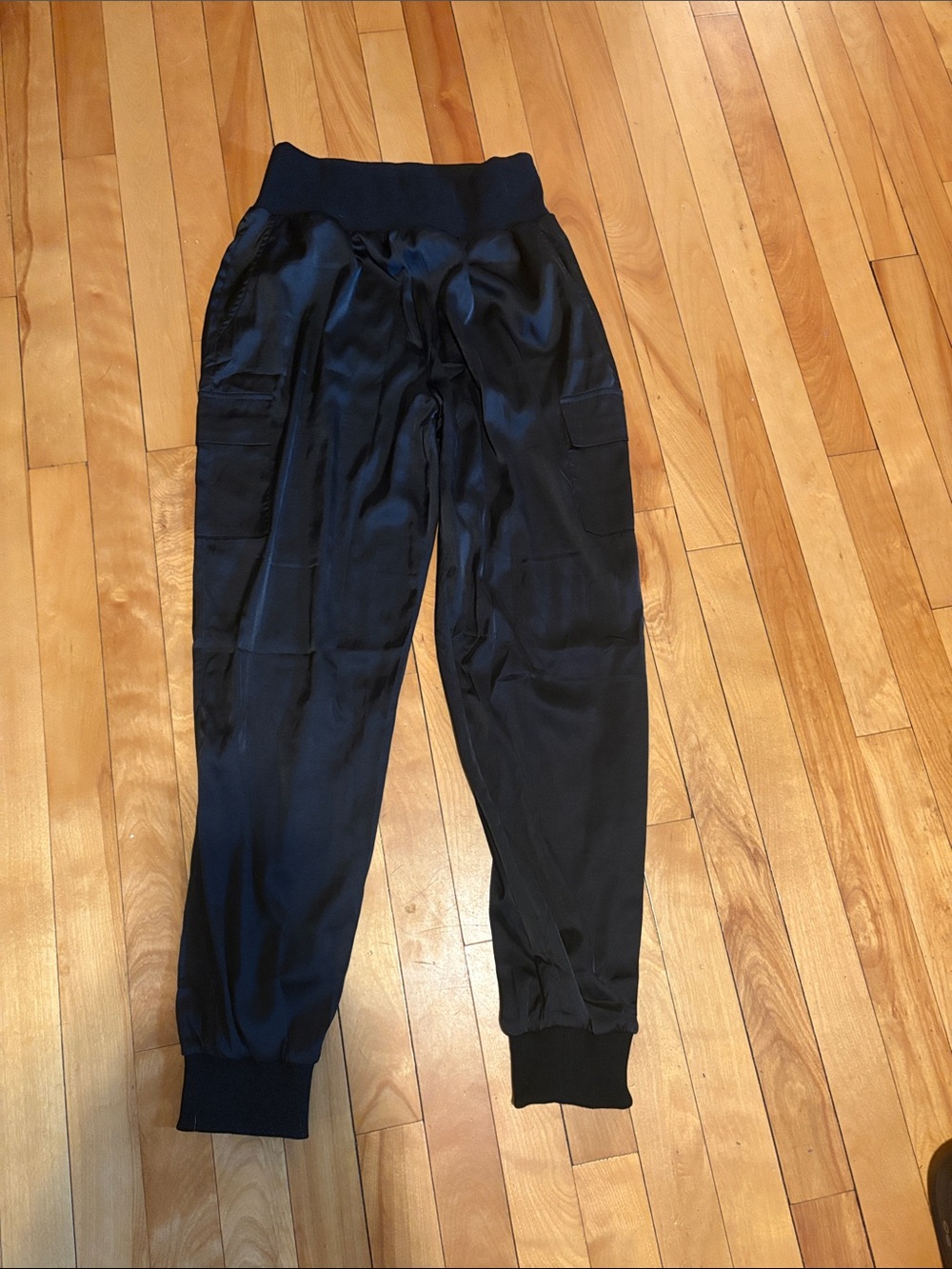 Black Satin Cargo Jogger Pants for Women